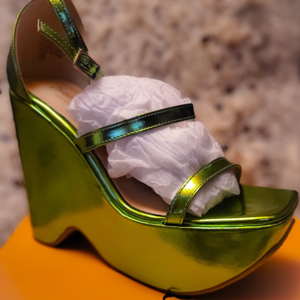 Chase + Chloe Iridescent Lime Green Platform Wedge Sandals